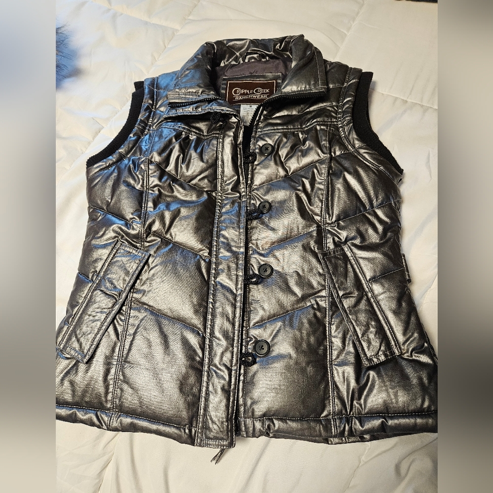 Cripple Creek Silver Quilted Puffer Women's Vest Sz M Medium Like New Equestrian